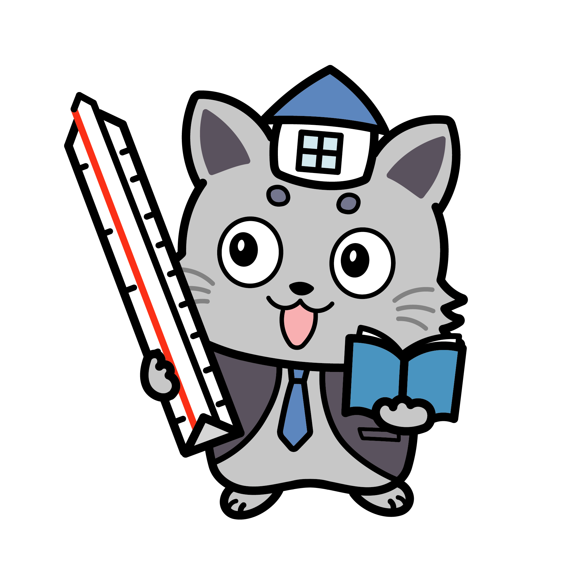 三角スケールと青い本を持って建築を学ぶケントくん