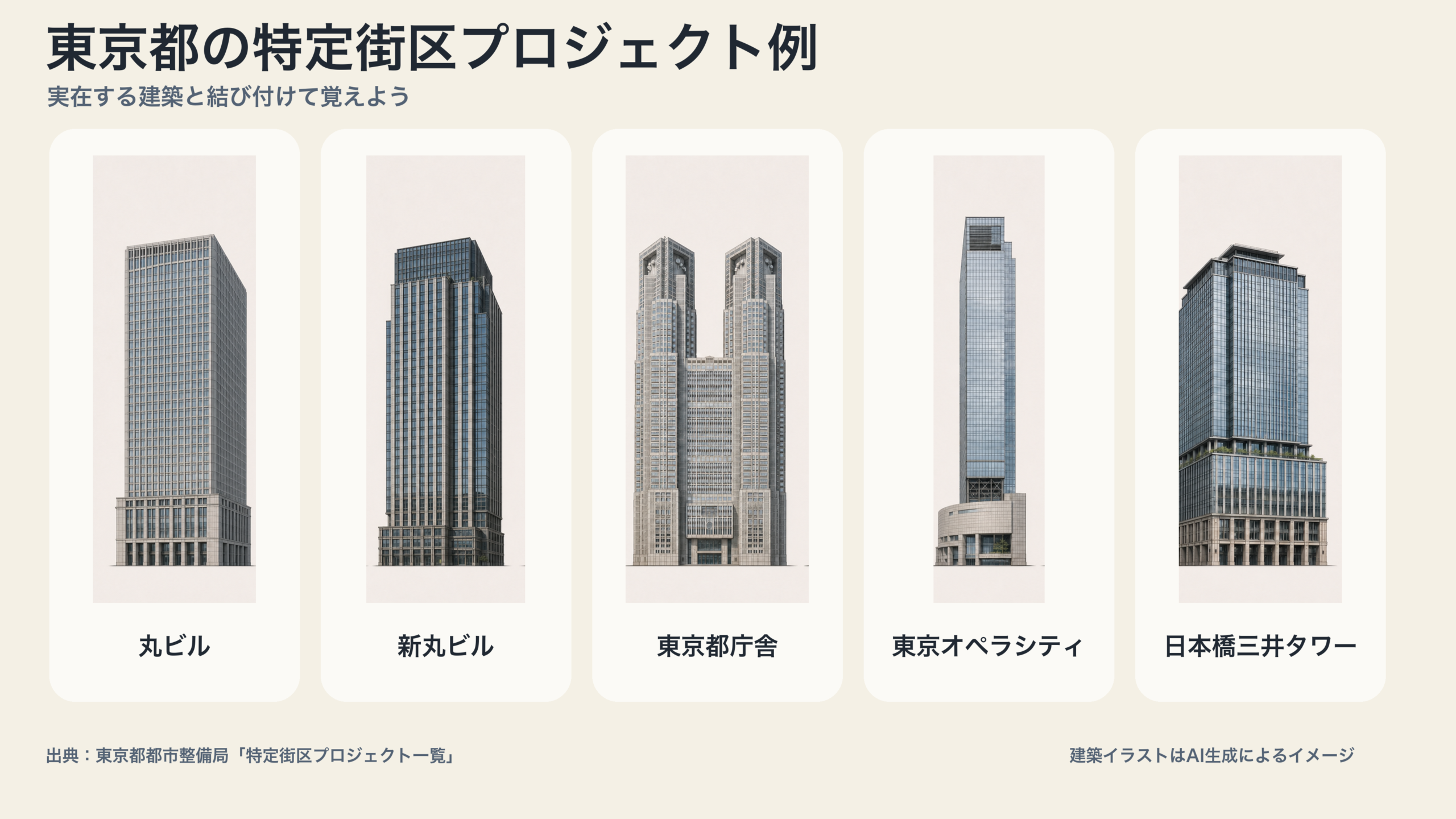 丸ビル、新丸ビル、東京都庁舎、東京オペラシティ、日本橋三井タワーの建築イメージ