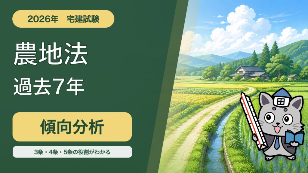 水田と畑を背景にKentoくんが農地法の過去7年傾向分析を案内するアイキャッチ