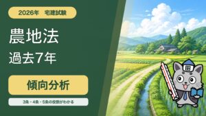 水田と畑を背景にKentoくんが農地法の過去7年傾向分析を案内するアイキャッチ
