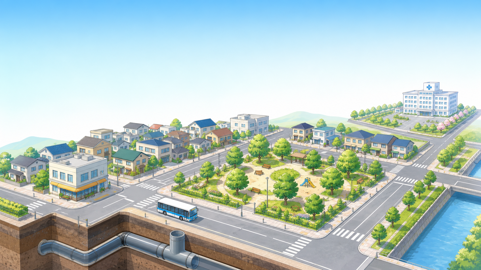 道路、公園、下水道が市街地の骨組みを形成するイメージ図