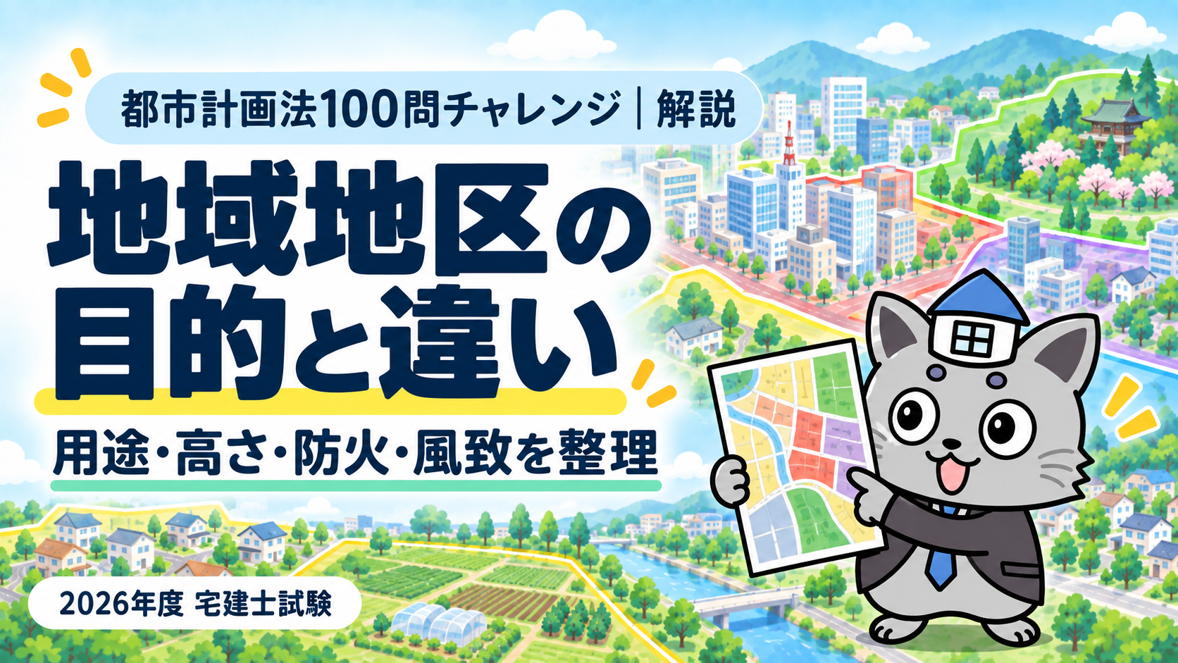 地域地区の目的と違いを解説する都市計画法100問チャレンジのアイキャッチ