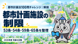 都市計画法100問チャレンジの都市計画施設の制限解説。53条・54条・59条・65条を整理を表すまちの図とケントくん。