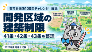 都市計画法100問チャレンジの開発区域の建築制限解説。41条・42条・43条を整理を表すまちの図とケントくん。