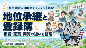 都市計画法100問チャレンジの地位承継と登録簿解説。相続・売買・閲覧の違いを整理を表すまちの図とケントくん。