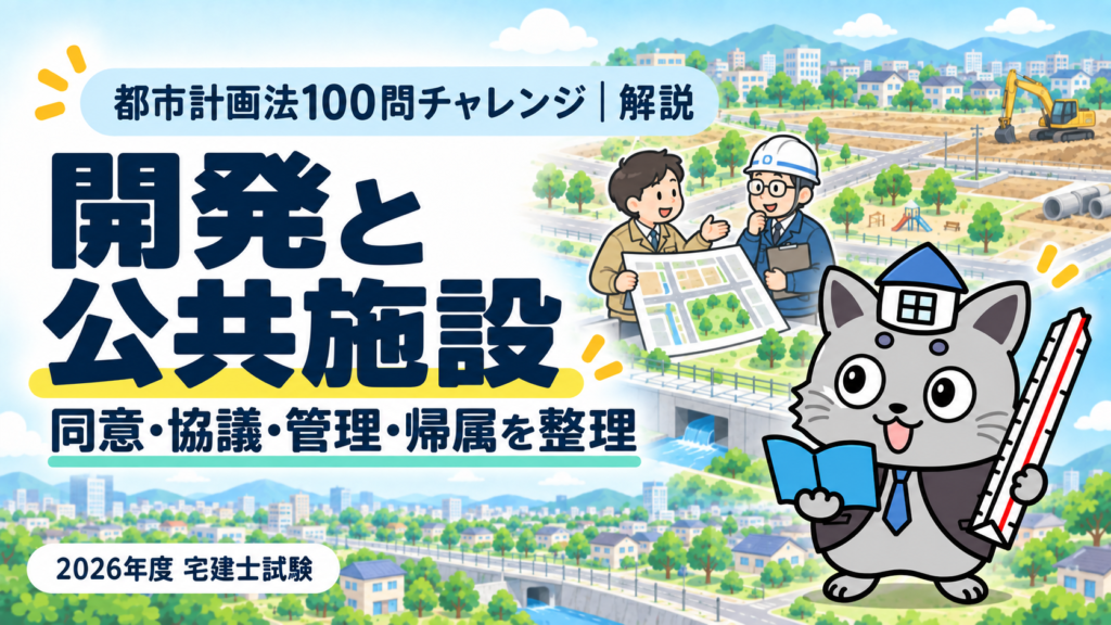 都市計画法100問チャレンジの開発と公共施設解説。同意・協議・管理・帰属を整理を表すまちの図とケントくん。