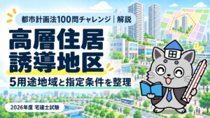 都市計画法100問チャレンジの高層住居誘導地区解説。5用途地域と指定条件を整理を表すまちの図とケントくん。