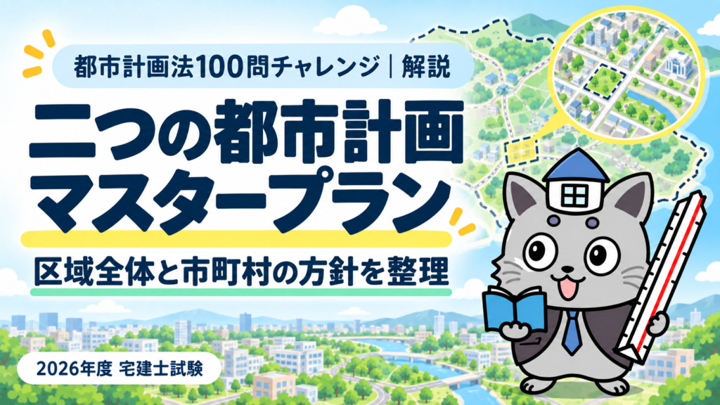 都市計画法100問チャレンジのマスタープラン解説。広域図と市町村の詳細図を背景に、本と三角スケールを持つケントくん。