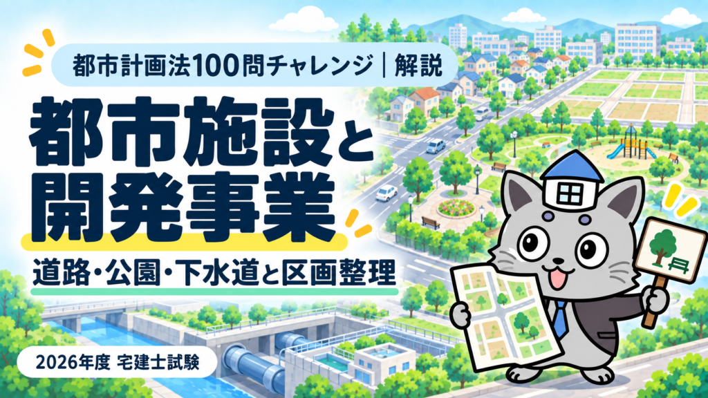 都市施設と開発事業を解説する都市計画法100問チャレンジのアイキャッチ